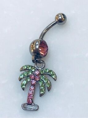 Pink & Green gem Palm Tree dangle belly button ring navel ring piercing 14 gauge